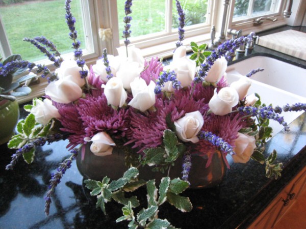 Spider mums, white roses, varigated mint and lavender